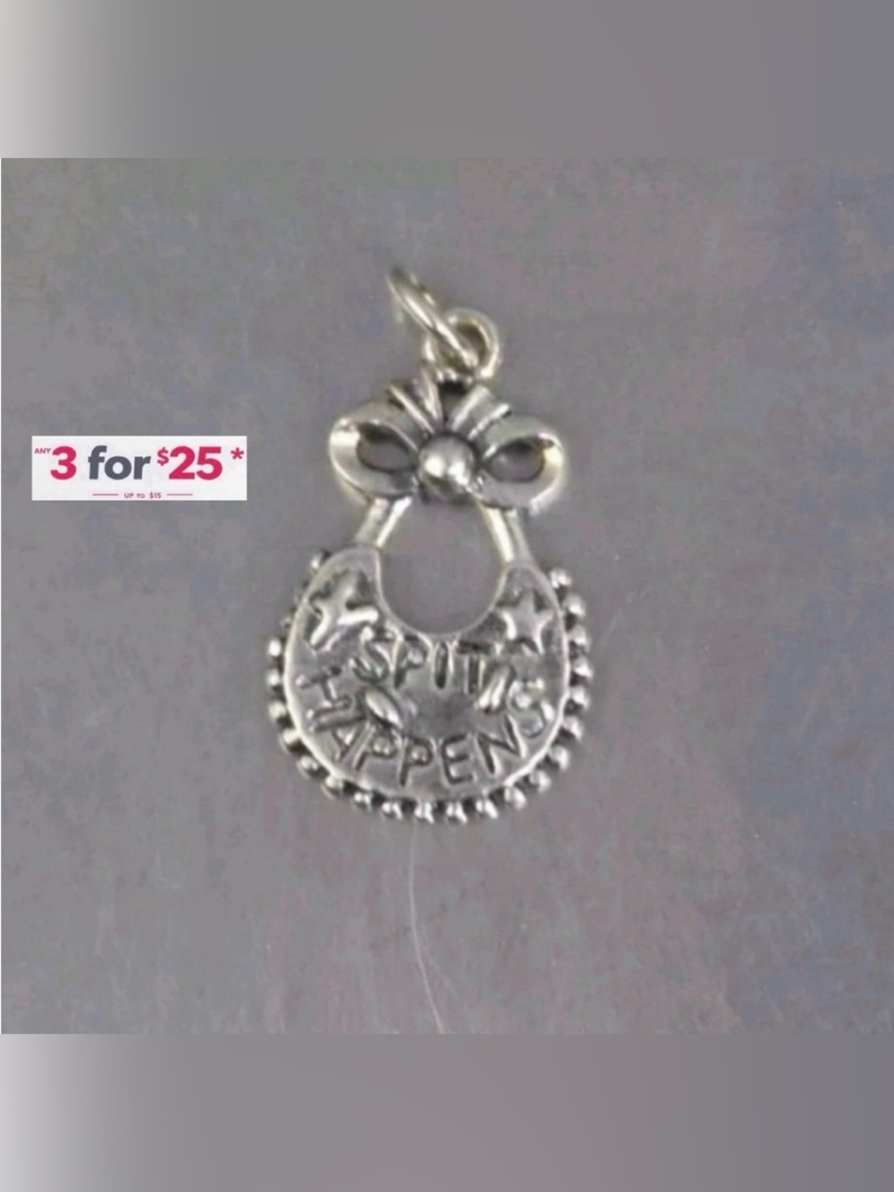 Baby Bib Spit happens sterling silver charm